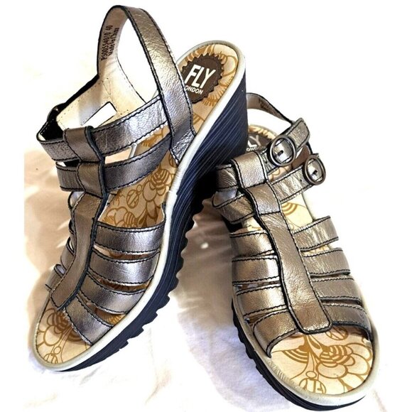 Fly London Shoes - Fly London Women's 9 Bronze Gold Metallic Strappy Sandals 2.5" Wedge Hook & Loop